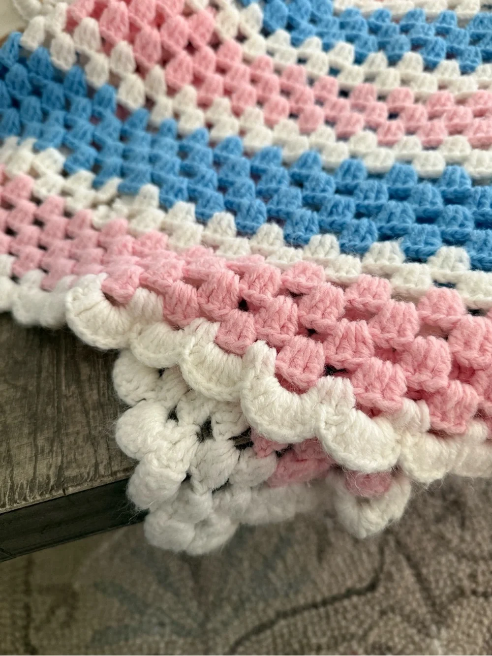 Handmade Crochet Granny Square Blanket - Pink, Blue & White